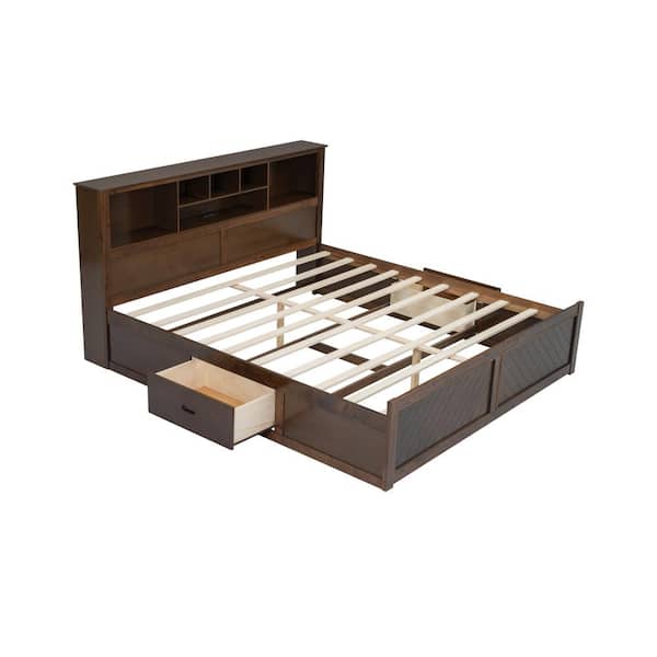 Qualler Antique Brown Wood Frame King Platform Bed with Multi-storage Headboard and Charging Station
