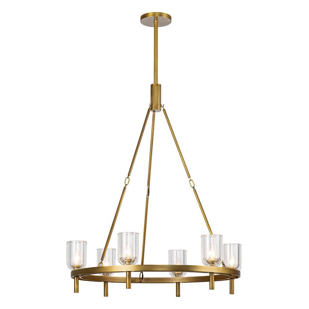 Lucian Vintage Brass and Clear Crystal Six Light Chandelier