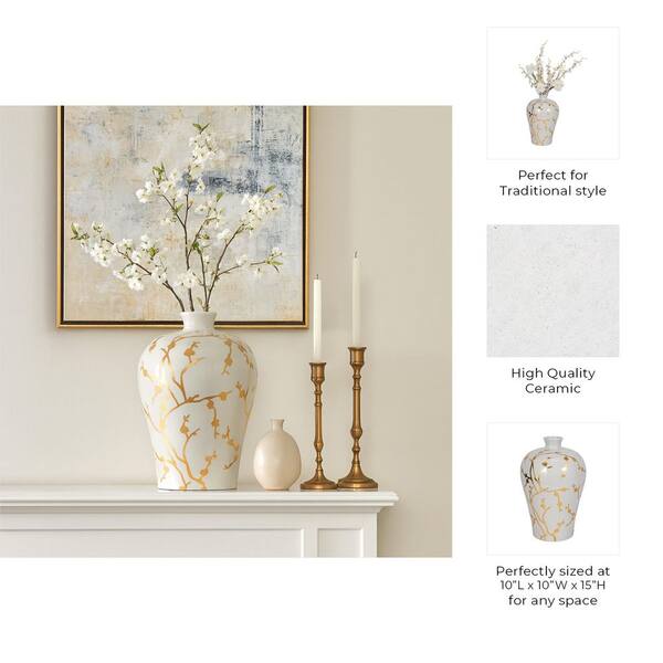 Liv & Skye 15 in. White Ceramic Jar with Gold Decal 16345-01 - The