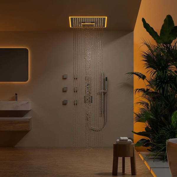 16 in. Square Aurora Shower System 17-Spray Dual Ceiling Mount Fixed and Handheld Shower Head 2.5 GPM in Brushed Nickel