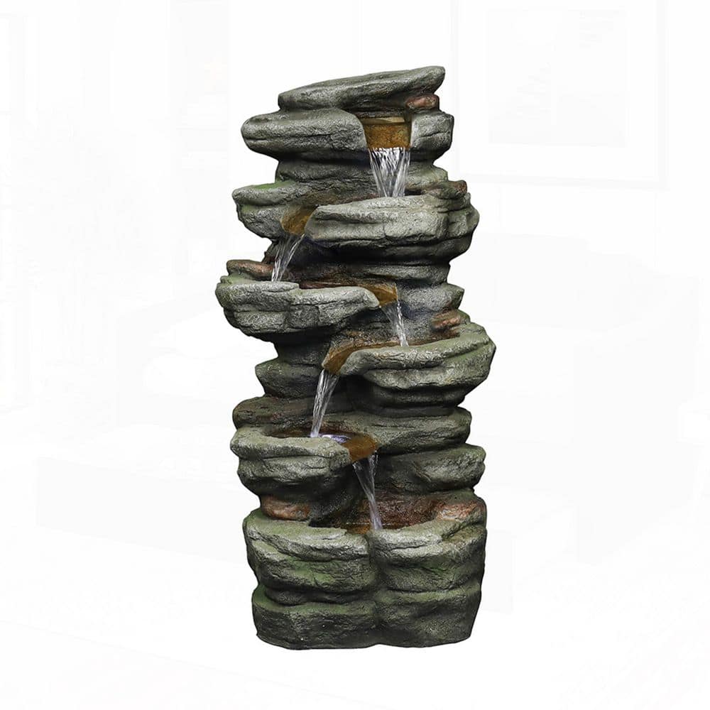30. 7in. H Resin 6-Tier Cascading Rock Tiered Fountain with LED Lights for Garden and Patio Decor price history on PriceWatchPro