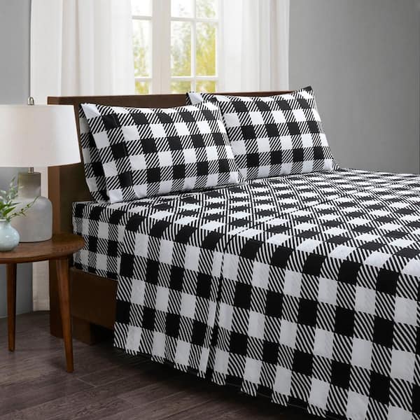 Ebony Plaid 4-piece Microfiber White Full Sheet Set