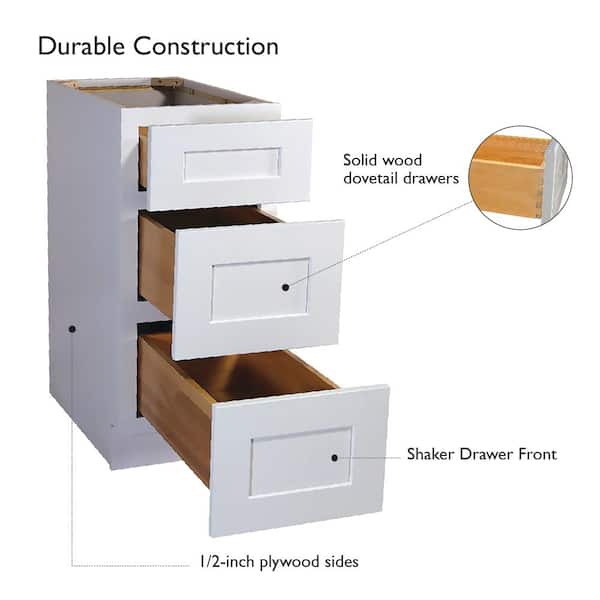 Design House Brookings Plywood Ready to Assemble Shaker 12x34.5x24 in. 3-Drawer Base Kitchen Cabinet in White
