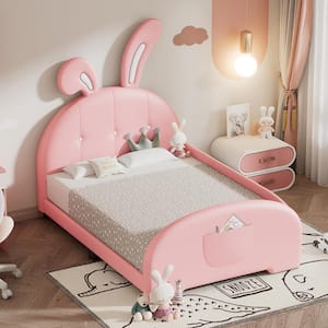 Pink Wood Frame Twin Size PU Leather Upholstered Platform Bed with Rabbit Ears Headboard, Storage Pocket, Side Bedrail