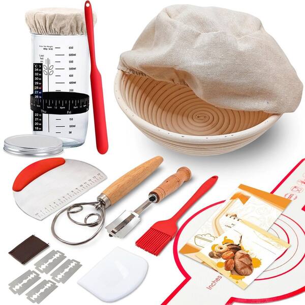 Complete Sourdough Bread Baking and Fermentation Starter Kit with 9 in. Proofing Basket and Glass Jar for Bread Making