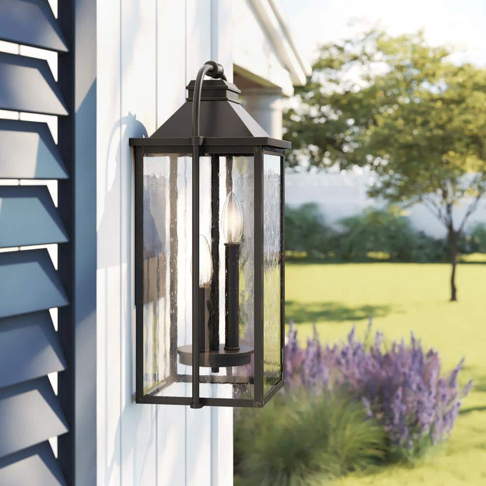 Antique Bronze Rectangular Lantern Sconce with Clear Seeded Glass