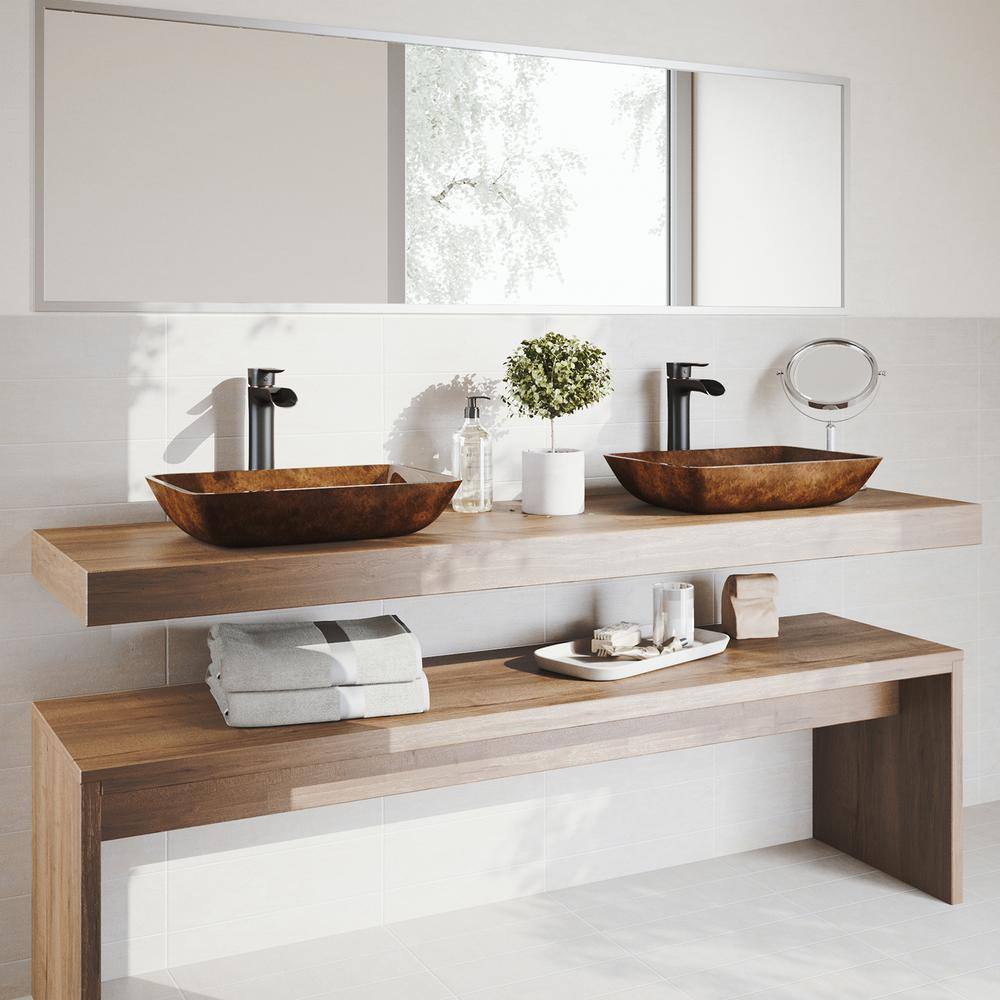 Russet Rectangular Glass Vessel Sink with Antique Bronze Faucet