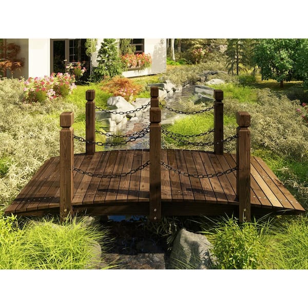 5' Wooden Bridge Stained Finish Decorative Solid Wood Garden Pond Arch Walkway 