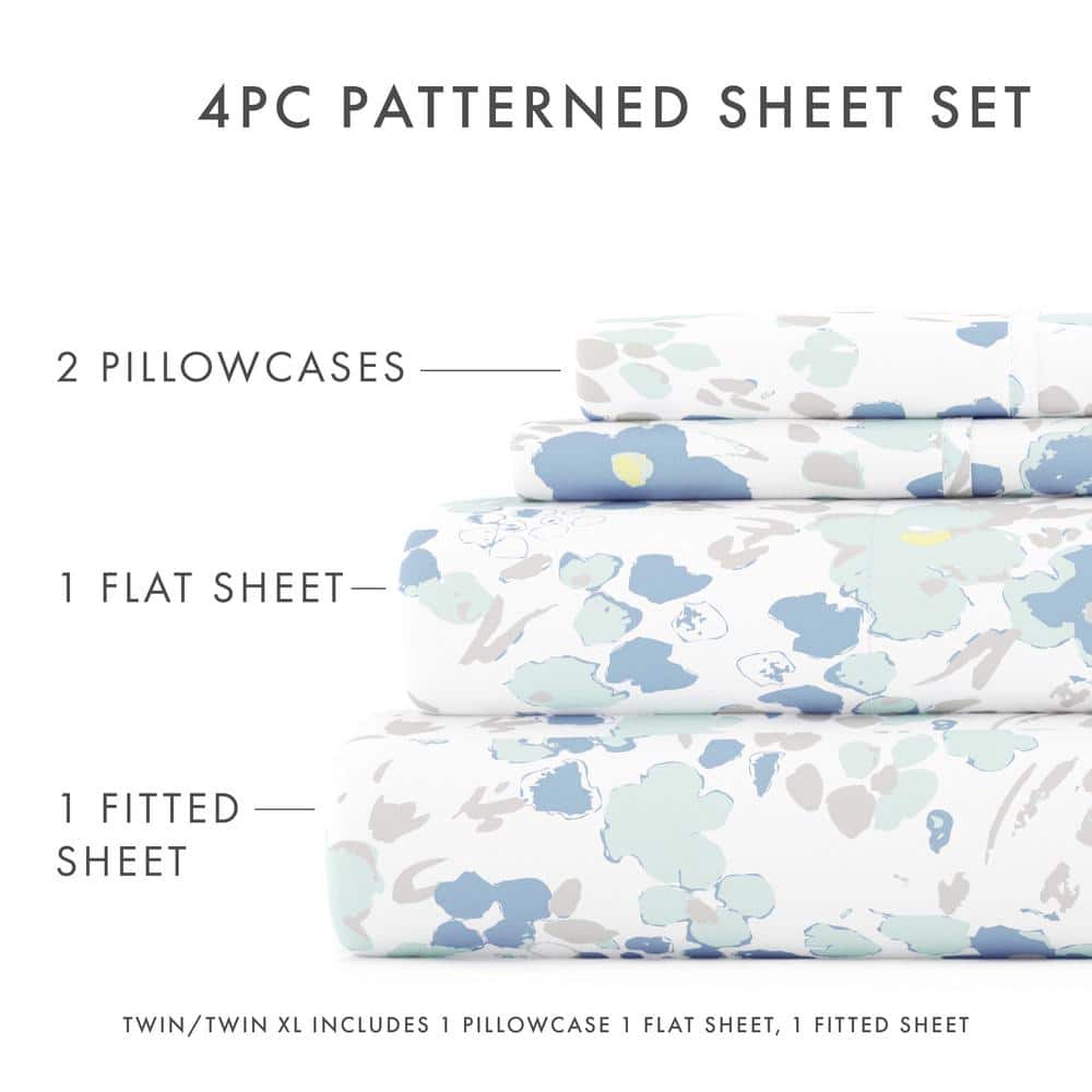 Twin Light Blue Floral Microfiber Deep Pocket Sheet Set