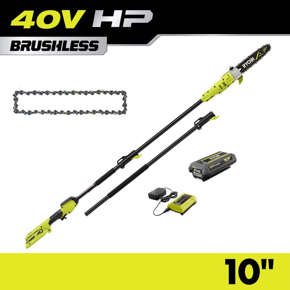 RYOBI 40V HP Brushless 10 in. Pole Saw with Extra Chain, 2.0 Ah