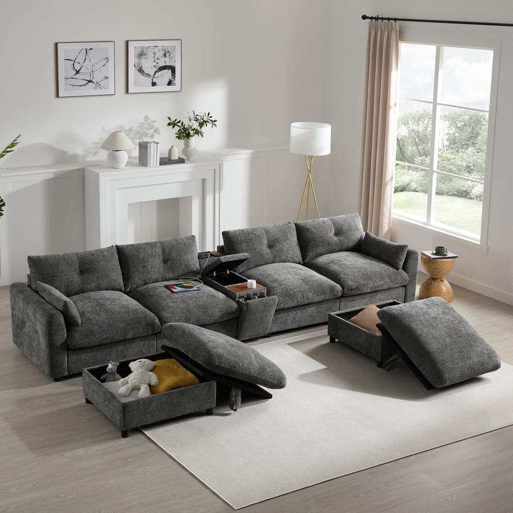 142 in. U Shaped 6-Seat Chenille Sectional Sofa in Gray with Movable Storag