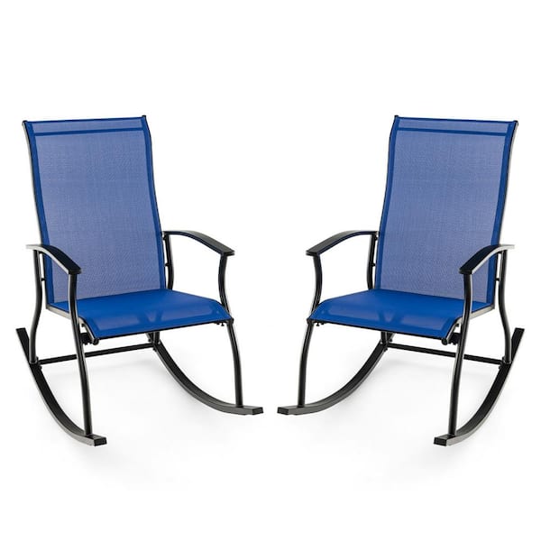 Gymax Navy Metal Outdoor Rocking Chair Patio Rocker with Breathable Fabric (Set of 2)