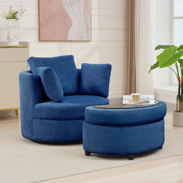 Modern Navy Corduroy Accent Armchair with Pillows and Storage Ottoman