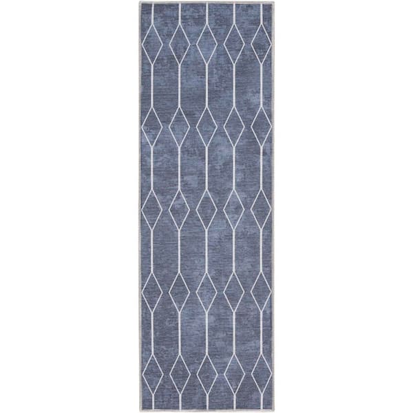 57 Grand Machine Washable Navy 2 ft. x 6 ft. Geometric Contemporary Runner Area Rug