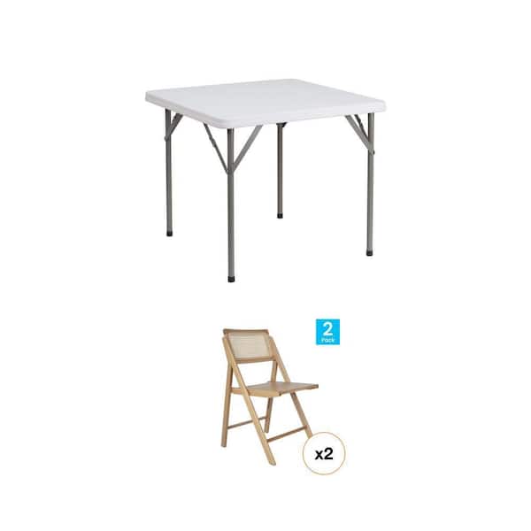 Elon 34.25 in. L Square Granite White Plastic Top Folding Utility Table (1-Count) and Natural Folding Chairs (2-Count)