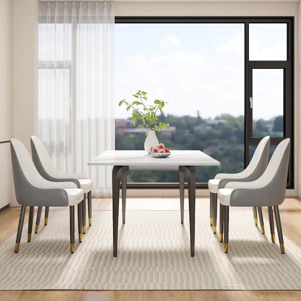 (Set of 4) Ergonomic PU Faux Leather Dining Chair Morden Desk Chair with Solid Wood Metal Legs and Backrest, Gray