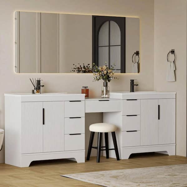 96 in. W. x 18 in. D x 33.5 in. H Double Sink Freestanding White Bath Vanity with White Integrated Composite Resin Top