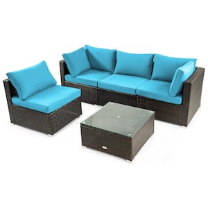 Brown 5-Piece Wicker Patio Conversation Set Cushioned Sofa Chair Coffee Table Set with Turquoise Cushions