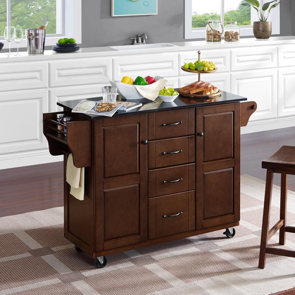 Eleanor Mahogany Kitchen Cart with Black Granite Top and Spice Rack
