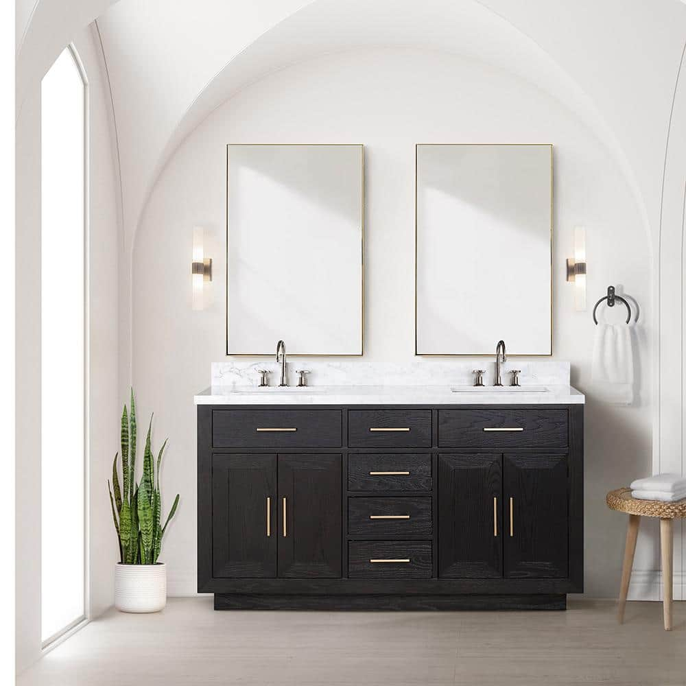 Condor 60 in W x 22 in D Black Oak Double Bath Vanity, Carrara Marble Top, and Faucet Set -  Lexora, LVCO60DJ101