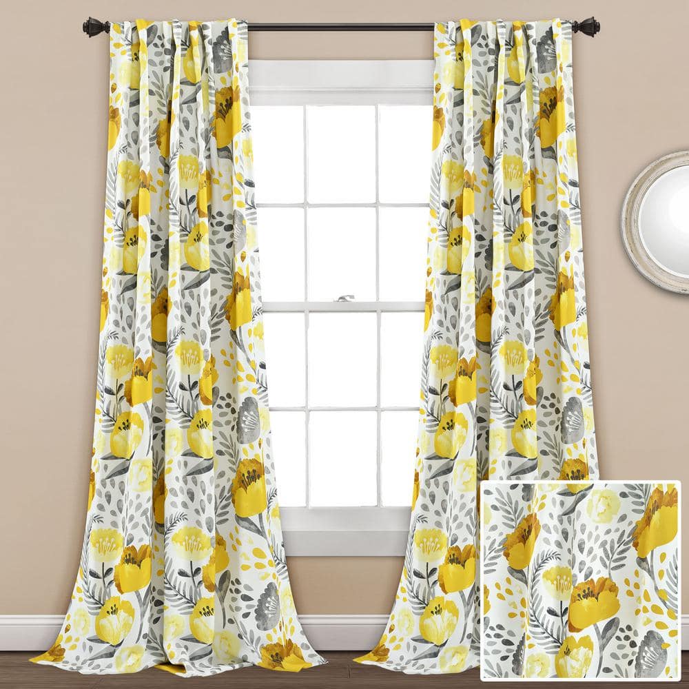 Yellow and White Floral Polyester Room Darkening Curtain Panels
