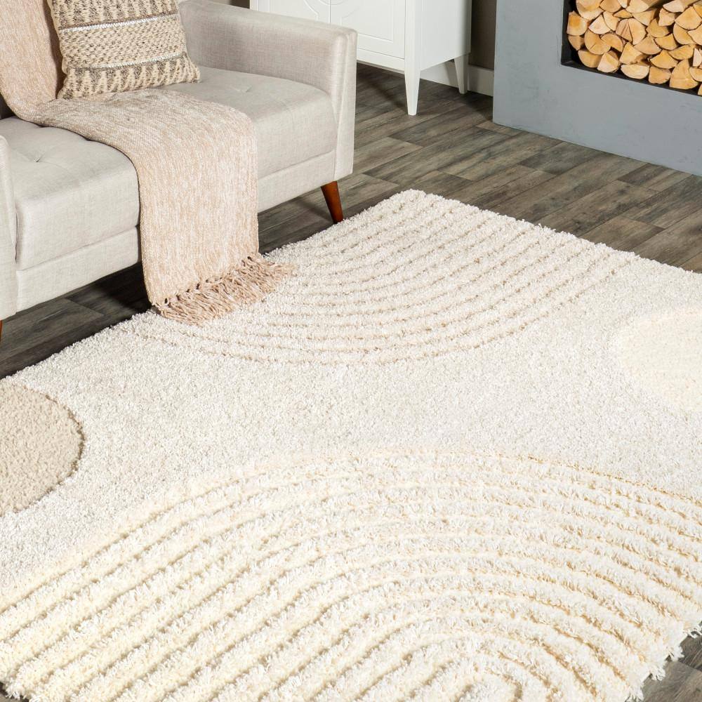 Beige and Off-White High Pile Abstract Shag Runner Rug