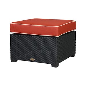 Magnolia Black Rattan Outdoor Ottoman with a Red Cushion