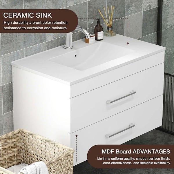 32 in. Wall Mounted Single Sink White Bath Vanity with White Ceramic Top (Self Assembly Needed)