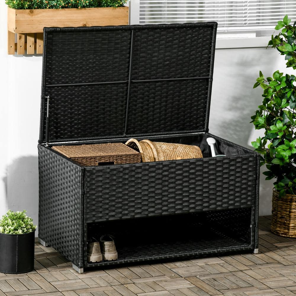 Black PE Wicker Outdoor Deck Box with Shelf