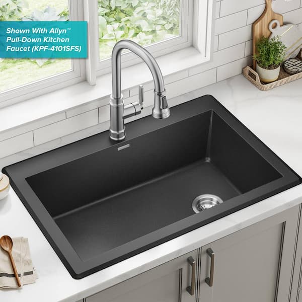 KRAUS Forteza? 33? Dual Mount Single Bowl Granite Kitchen Sink in Black KRAUS Forteza? 33? Dual Mount Single Bowl Granite Kitchen Sink in Black