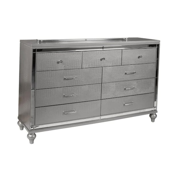 Benjara 67.56 in. Silver 9-Drawers Dresser