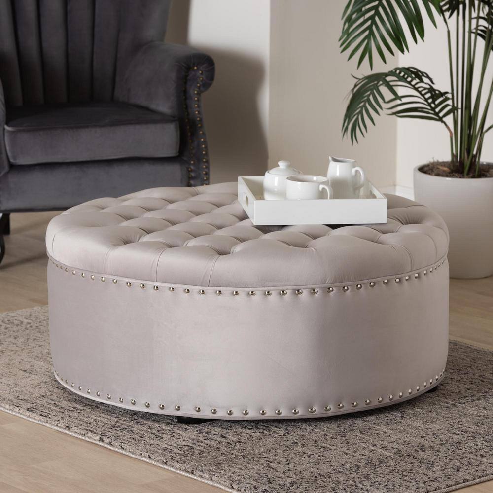 Light Gray Velvet Tufted Round Ottoman with Eucalyptus Frame
