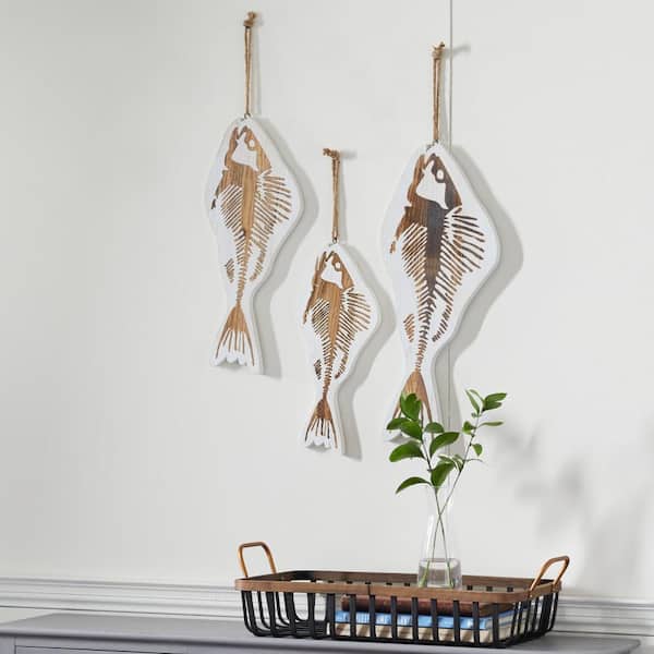 Litton Lane Wood White Fish Wall Decor with Hanging Rope (Set of 3) 43380 -  The Home Depot