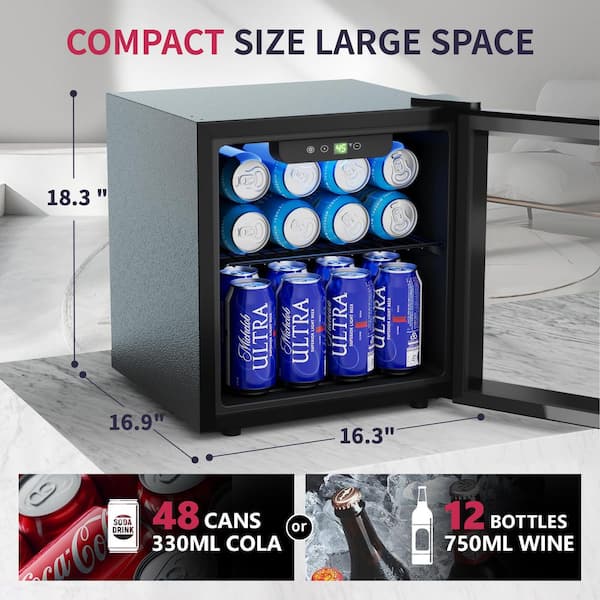 17 in. Single Zone 50-Cans Freestanding/Countertop Beverage Refrigerator Cooler Fridge in Black, Rapid Cooling