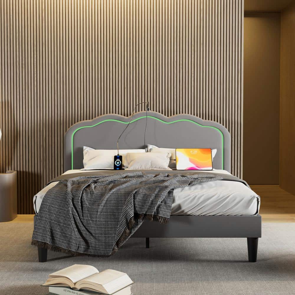Upholstered Bed Gray Metal Frame Full Platform Bed Adjustable Charging Station Headboard LED Lights Bed Frame price history on PriceWatchPro
