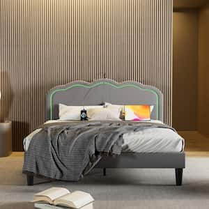 Upholstered Bed Gray Metal Frame Full Platform Bed with Adjustable Charging Station Headboard and LED Lights Bed Frame