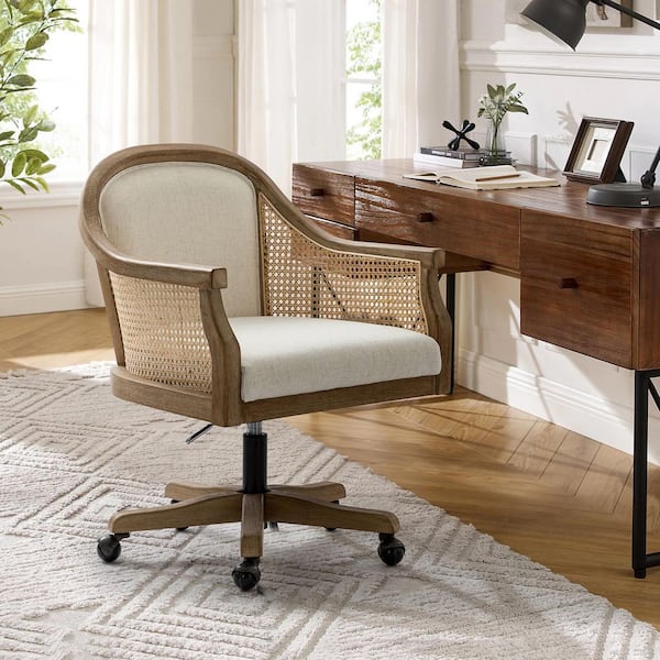 Cyril Ivory Adjustable Height Task Chair with Rattan Arms and 360-Degree Spin Rolling Caster Wheels