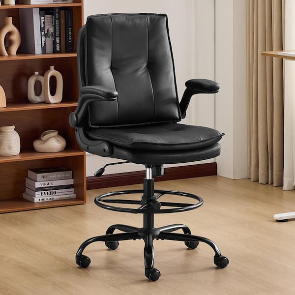 Faux Leather Fabric Swivel Office Chair Drafting Chair in Black with Adjustable Arms