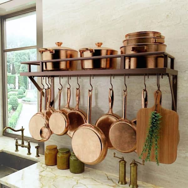 Oiled Bronze 30 in. Wall Mount Rectangular Pot Rack for Kitchen with 12-Hooks