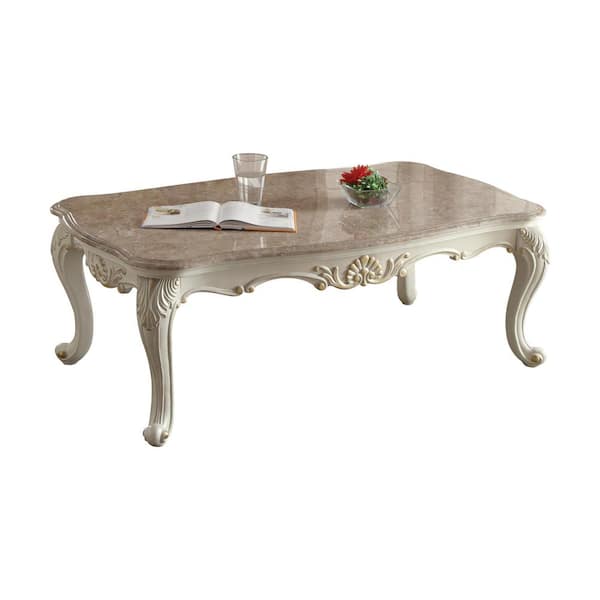 HomeRoots 52 in. Marble Top & Pearl White Rectangle Faux Marble Coffee Table
