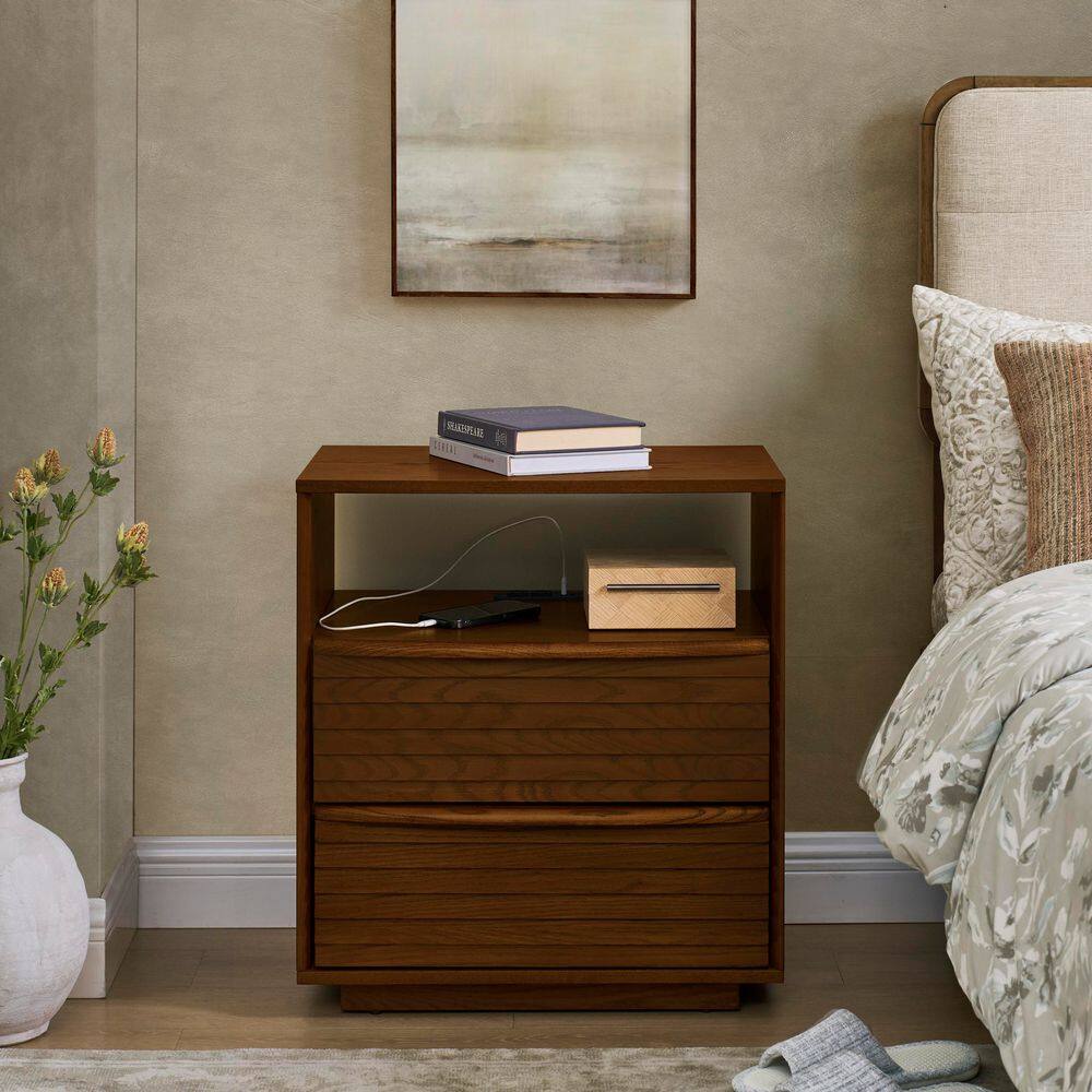 Hadrian Mid-Century Modern Walnut Brown 2 Drawer 22.75 in. W Wood Nightstand with Outlet Hole, Open Shelf price history on PriceWatchPro