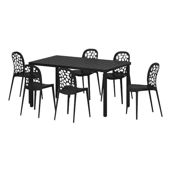 Frond and Form Outdoor Patio Modern 7-Piece Rectangular Steel Table, 6 Stackable HDPE Plastic Chairs Dining Set, Black