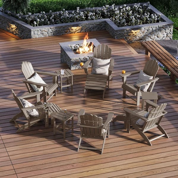 Aderson Weathered Wood 12-Pc All Weather Fade Resistant Outdoor Patio Plastic Adirondack Chair Conversation Lounge Set