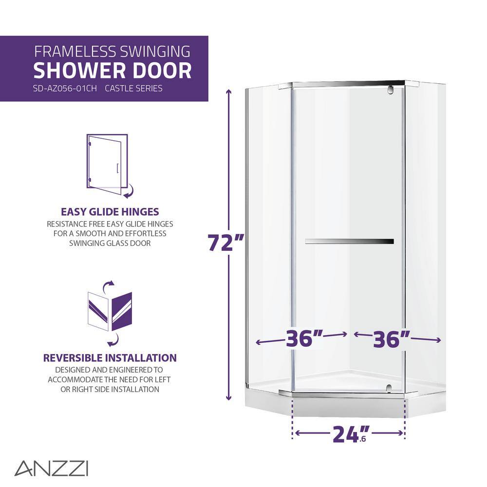 Castle Series Polished Chrome Semi-Frameless Shower Door with Tsunami Guard