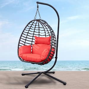 PE Rattan Wicker Outdoor Courtyard Terrace Garden Egg Chair with Bracket Hanging Basket Red Seat Cushion