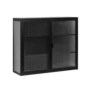 27.56 in. W x 9.06 in. D x 23.62 in. H Metal Iron Bathroom Storage Wall Cabinet in Black with Glass Doors