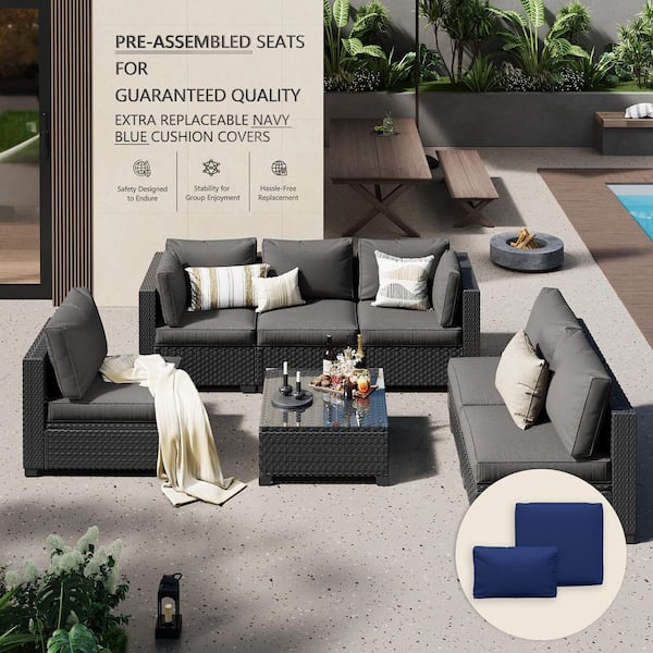 7-Piece Wicker Rattan Outdoor Patio Conversation Sectional Seating Set w/ Coffee Tables, Gray and Blue Cushion (6-Seats)
