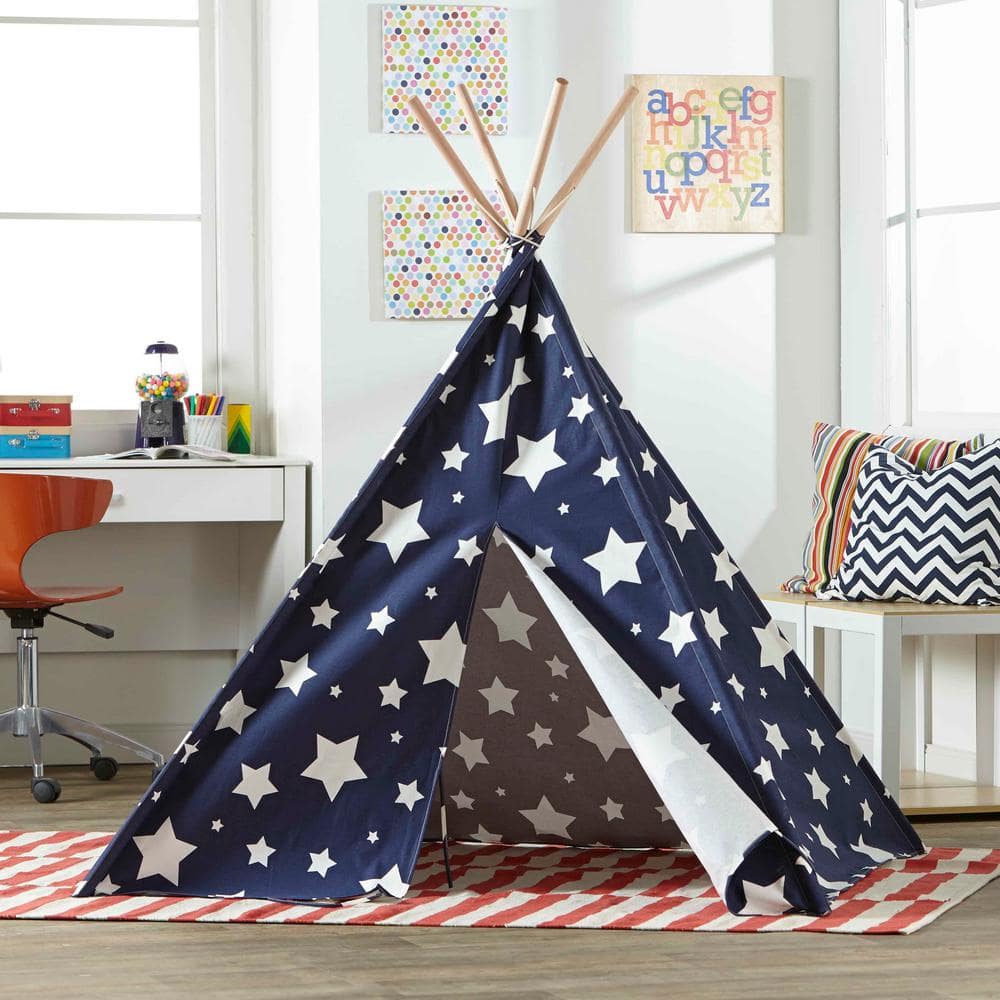 Blue and White Stars Cotton Canvas Children's Teepee Tent