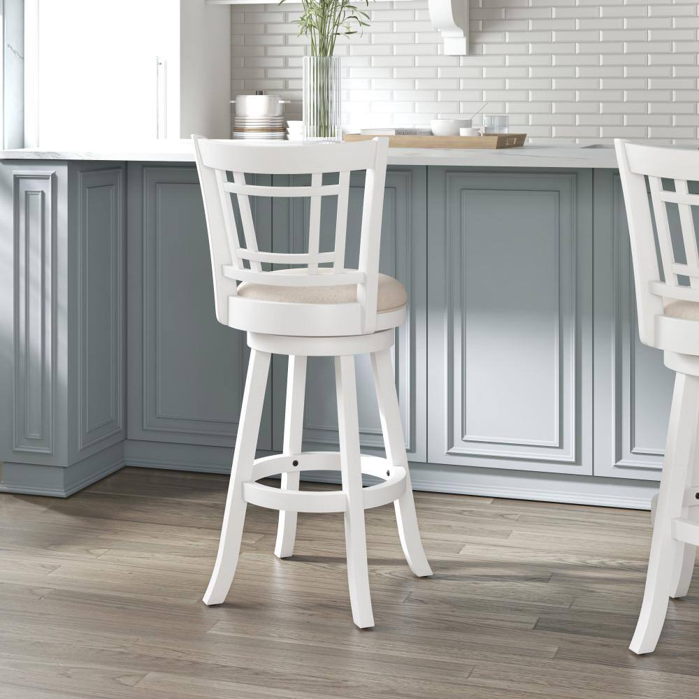 Elegant White Swivel Bar Stool with Beige Fabric Seat and Wood Accents