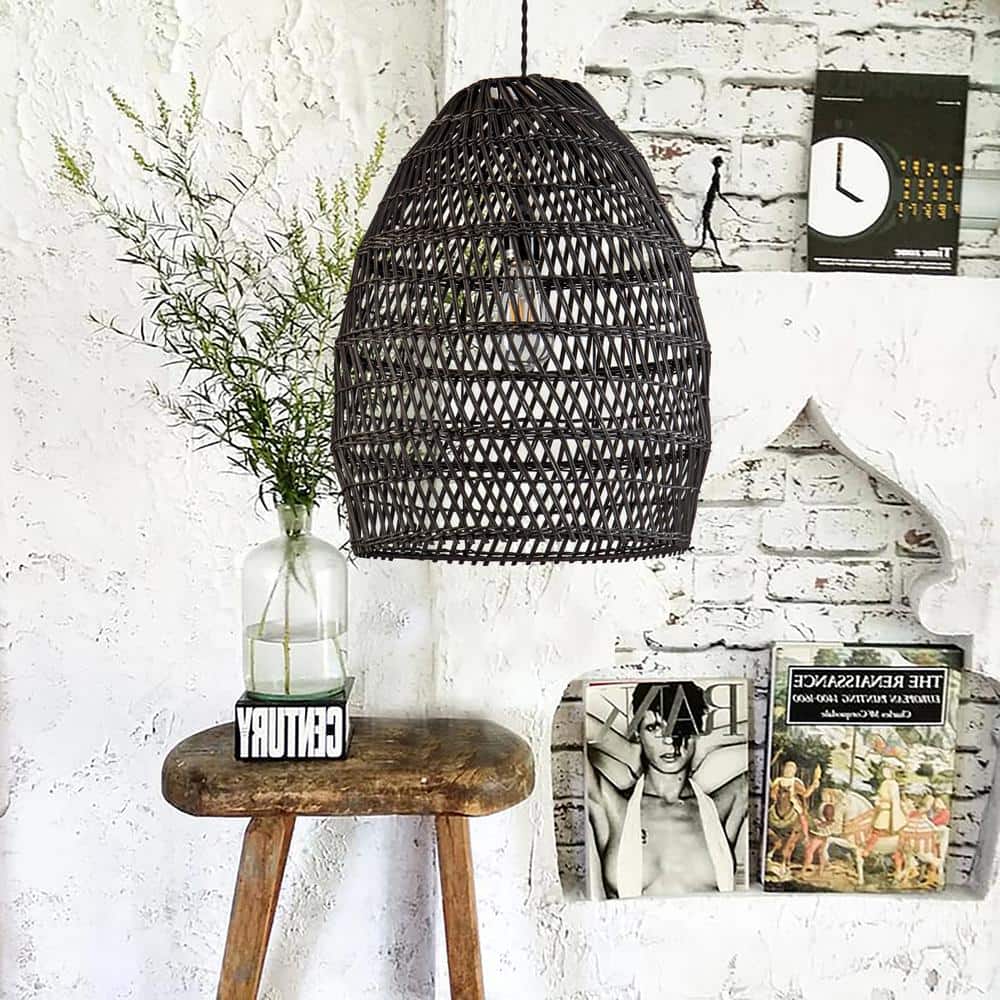 Veremund 15.7" Black Bamboo and Rattan Bell Pendant Light